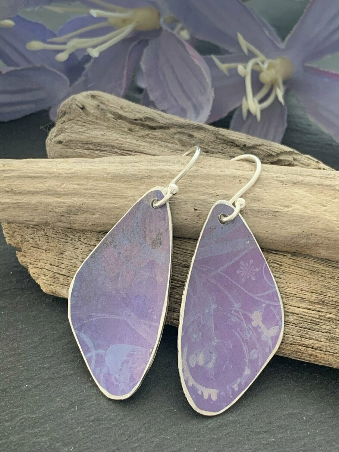 Printed Aluminium and sterling silver drop earrings - lilac