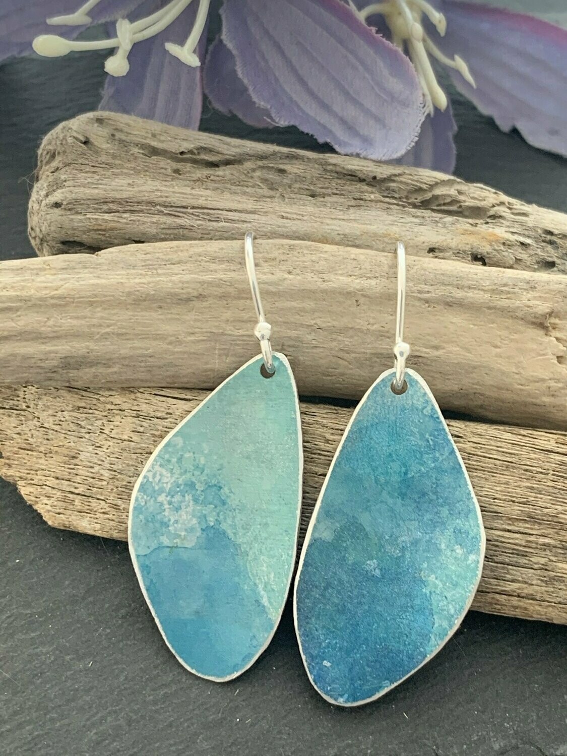Printed Aluminium and sterling silver drop earrings - blue