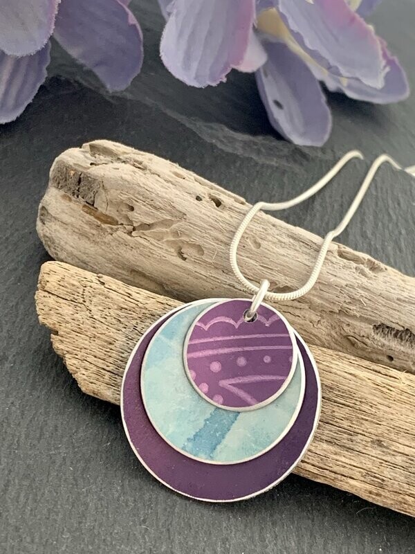 Hand Painted Aluminium  Pendant - Teal and purple print