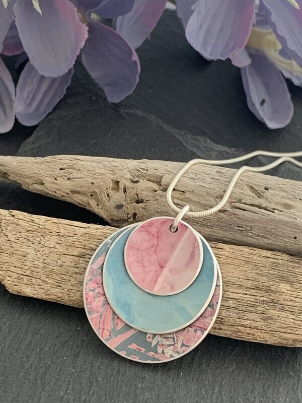 Hand Painted Aluminium  Pendant - Duck egg and pink