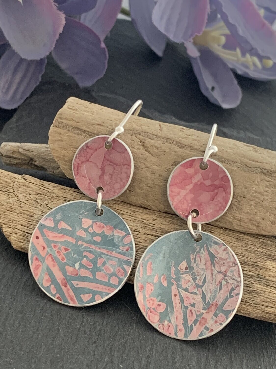 Printed Aluminium and sterling silver drop earrings - Duck and Pink