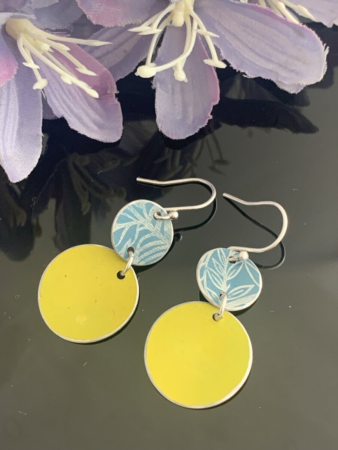Printed Aluminium and sterling silver drop earrings - Duck egg and lime