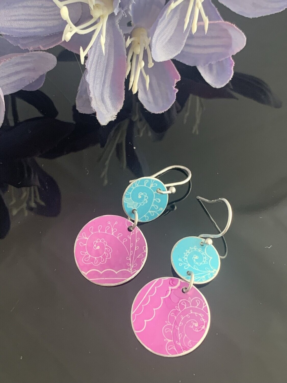 Printed Aluminium and sterling silver drop earrings - Turquoise and Cerise