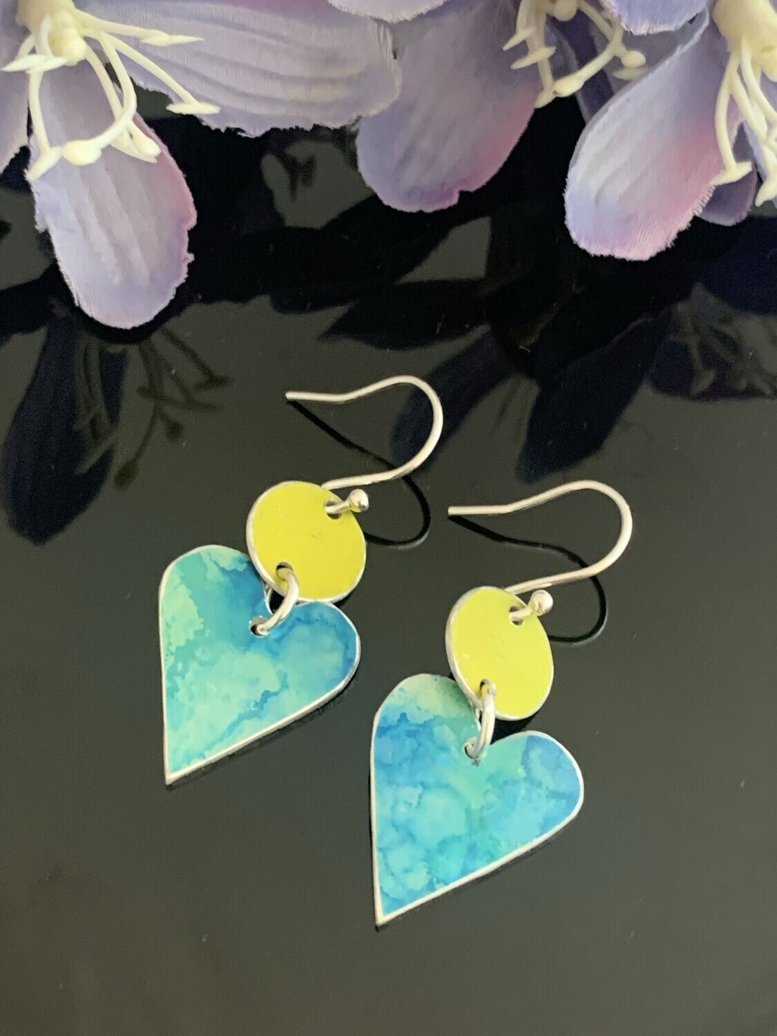 Printed Aluminium and sterling silver drop earrings - Turquoise and lime