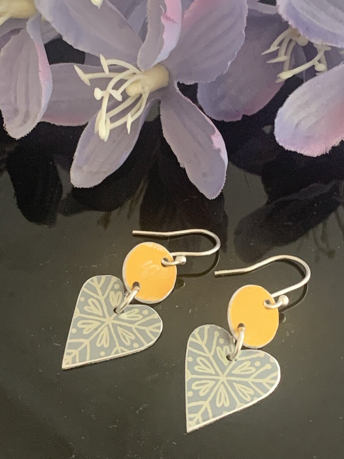 Printed Aluminium and sterling silver drop earrings - Duck egg/grey and orange