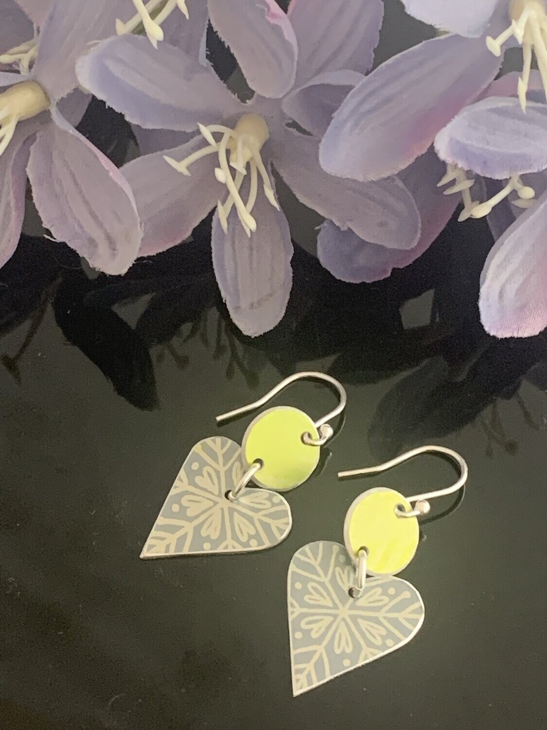 Printed Aluminium and sterling silver drop earrings - Duck egg/grey and lime