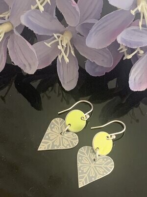 Printed Aluminium and sterling silver drop earrings - Duck egg/grey and lime