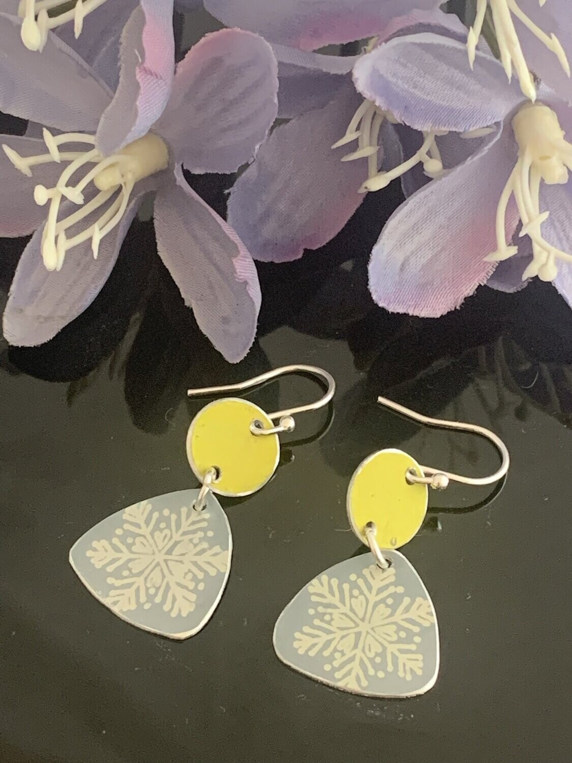 Printed Aluminium and sterling silver drop earrings - Duck egg/grey and lime