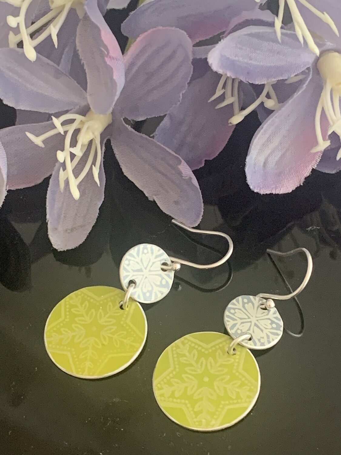 Printed Aluminium and sterling silver drop earrings - Grey/duck egg and lime