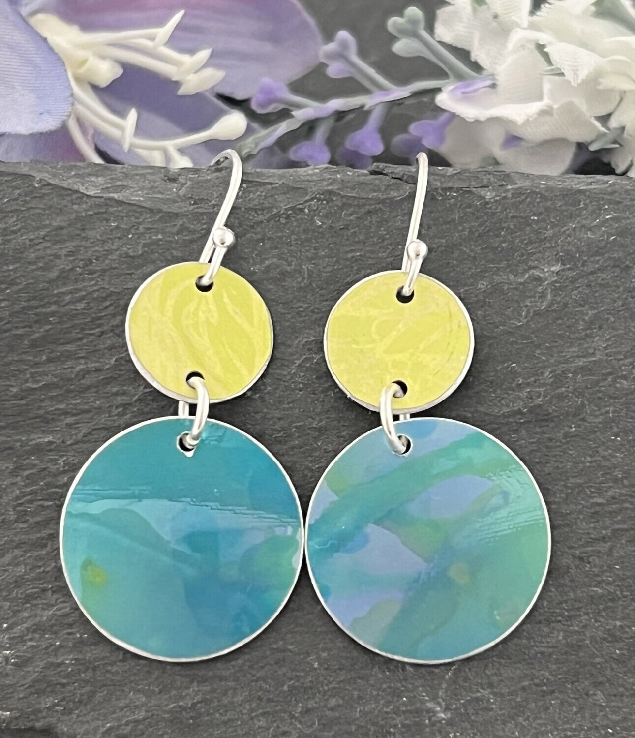 Printed Aluminium and sterling silver drop earrings - Turquoise and Lime