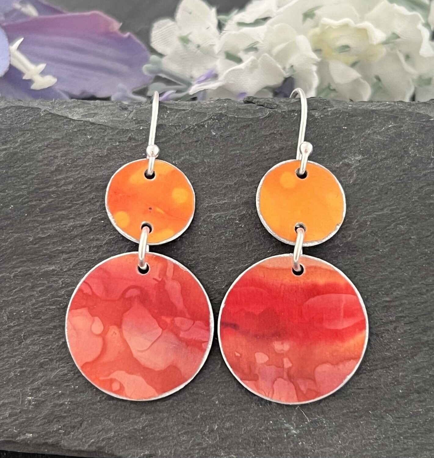 Printed Aluminium and sterling silver drop earrings - Firey Red and Orange
