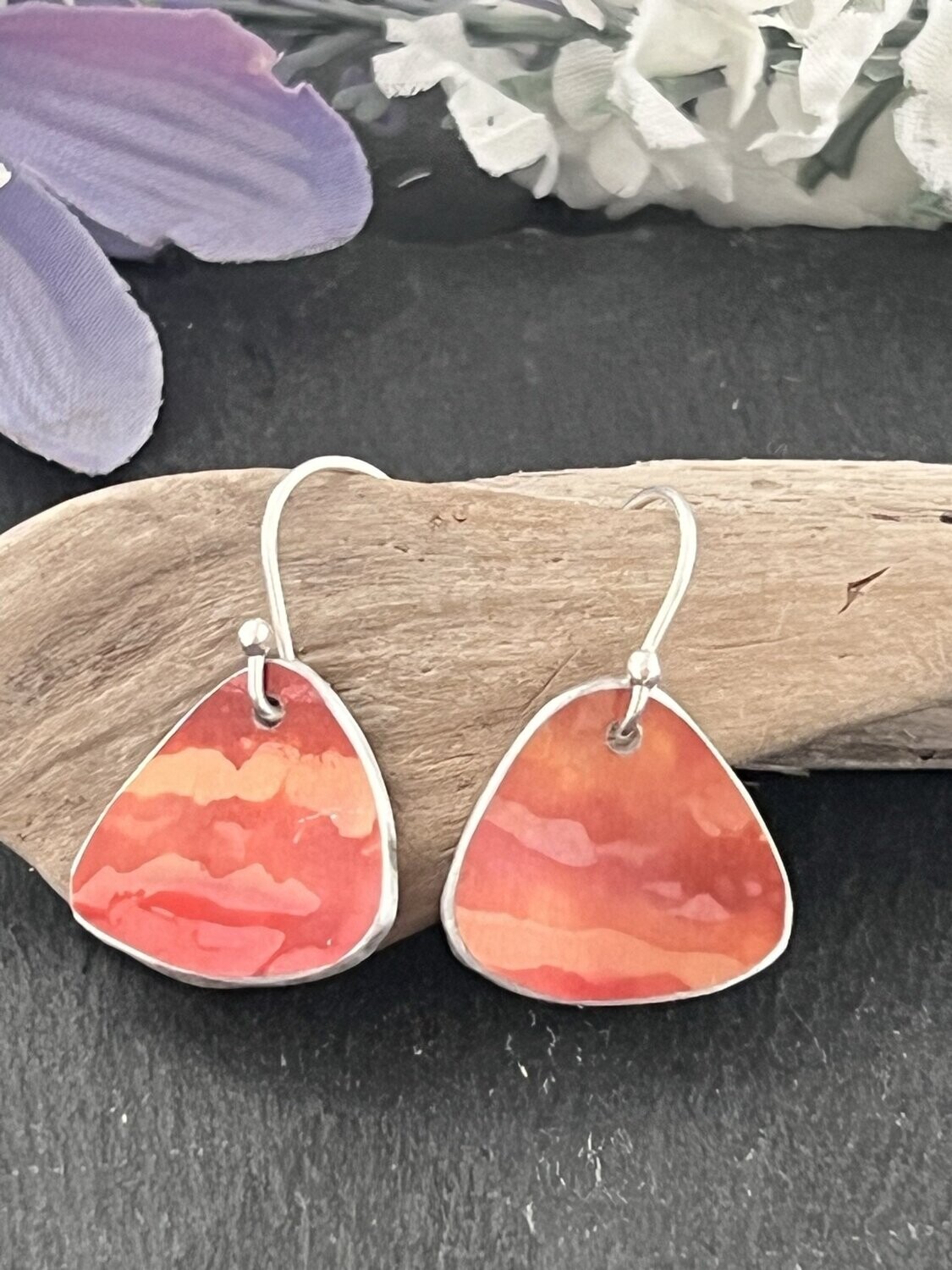 Printed Aluminium and sterling silver drop earrings - Firey Red and Orange