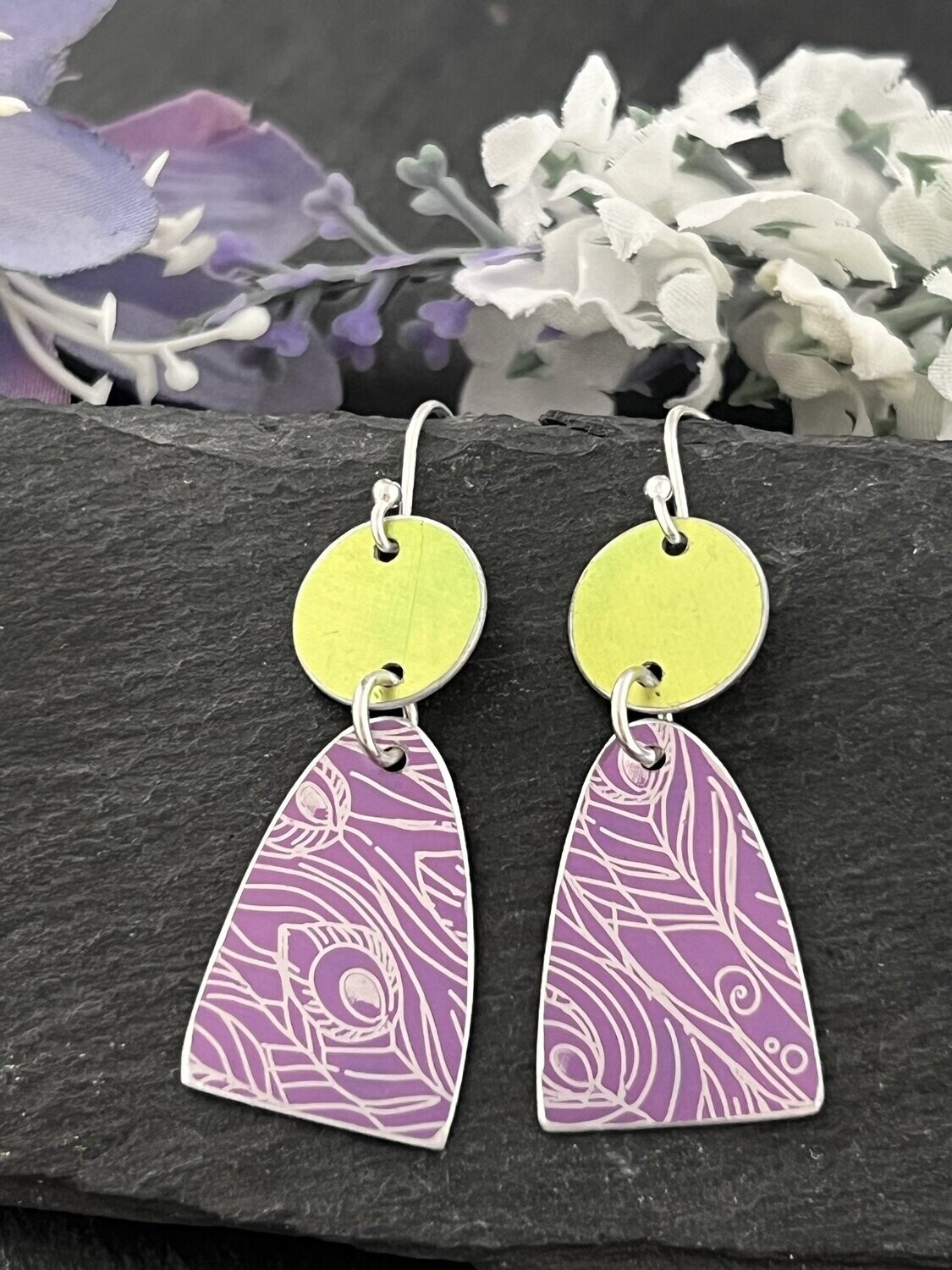 Printed Aluminium and sterling silver drop earrings - Lime and Purple Peacock Print