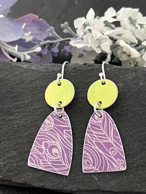 Printed Aluminium and sterling silver drop earrings - Lime and Purple Peacock Print
