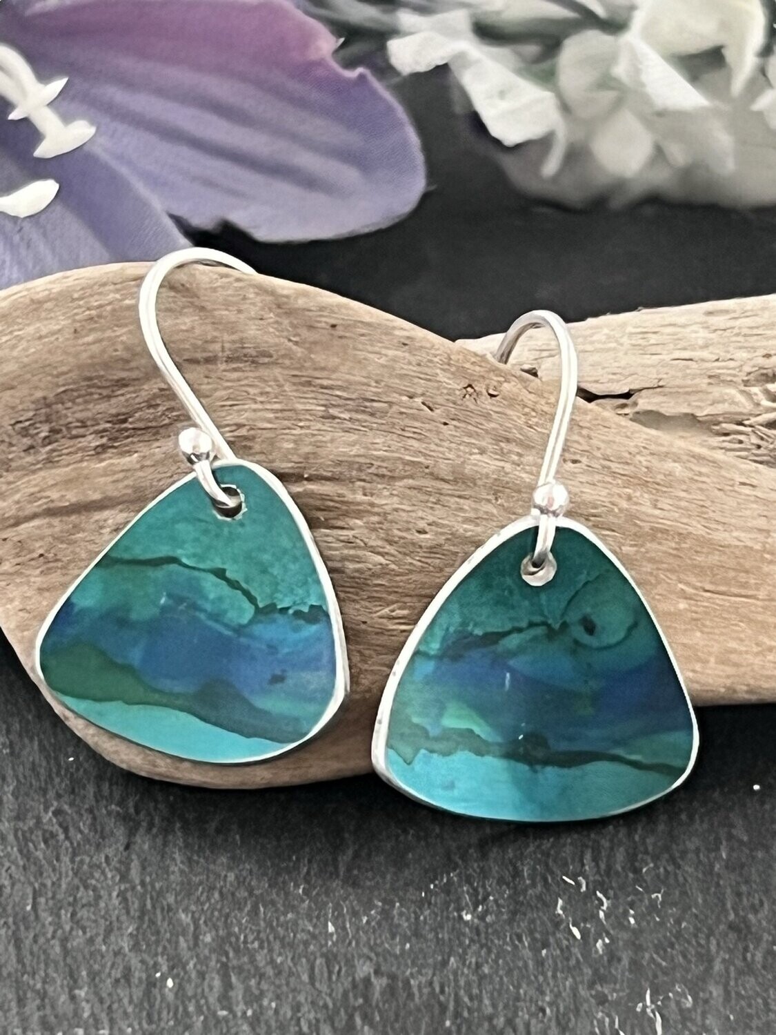 Printed Aluminium and sterling silver drop earrings - Green Landscapes