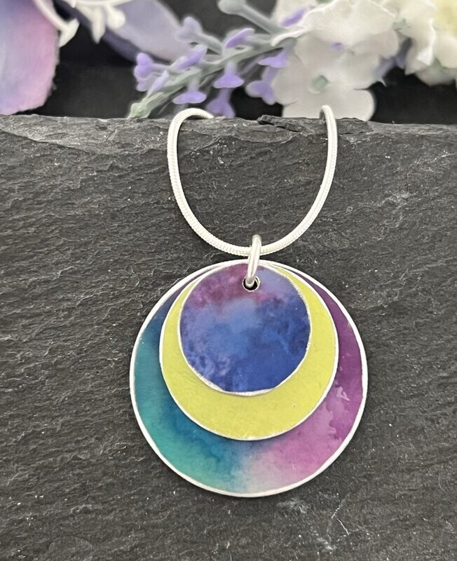 Hand Painted Aluminium  Pendant - Lime, Purple and Blue Rainbow