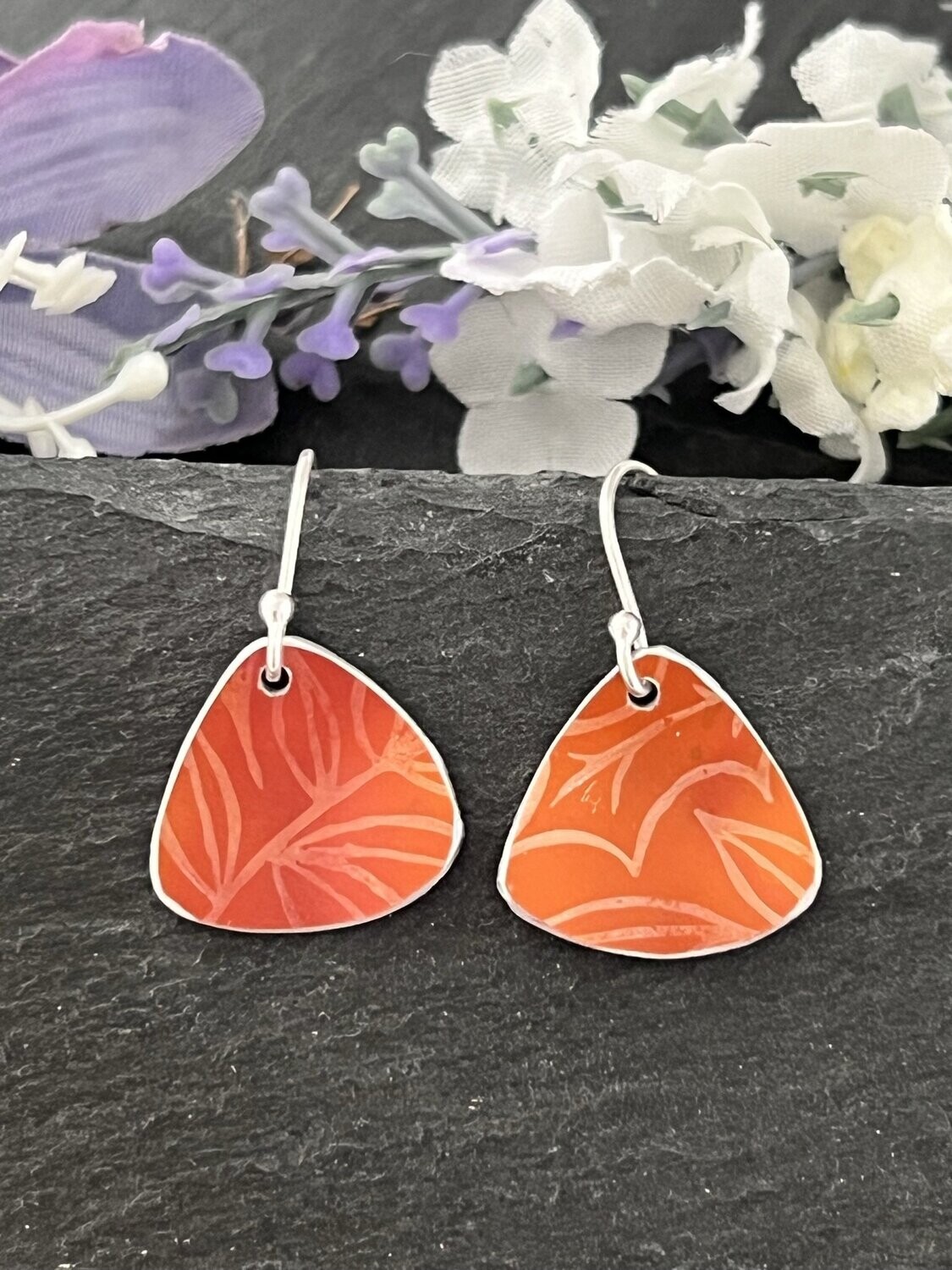 Printed Aluminium and sterling silver drop earrings - Orange Print Triangle Drops