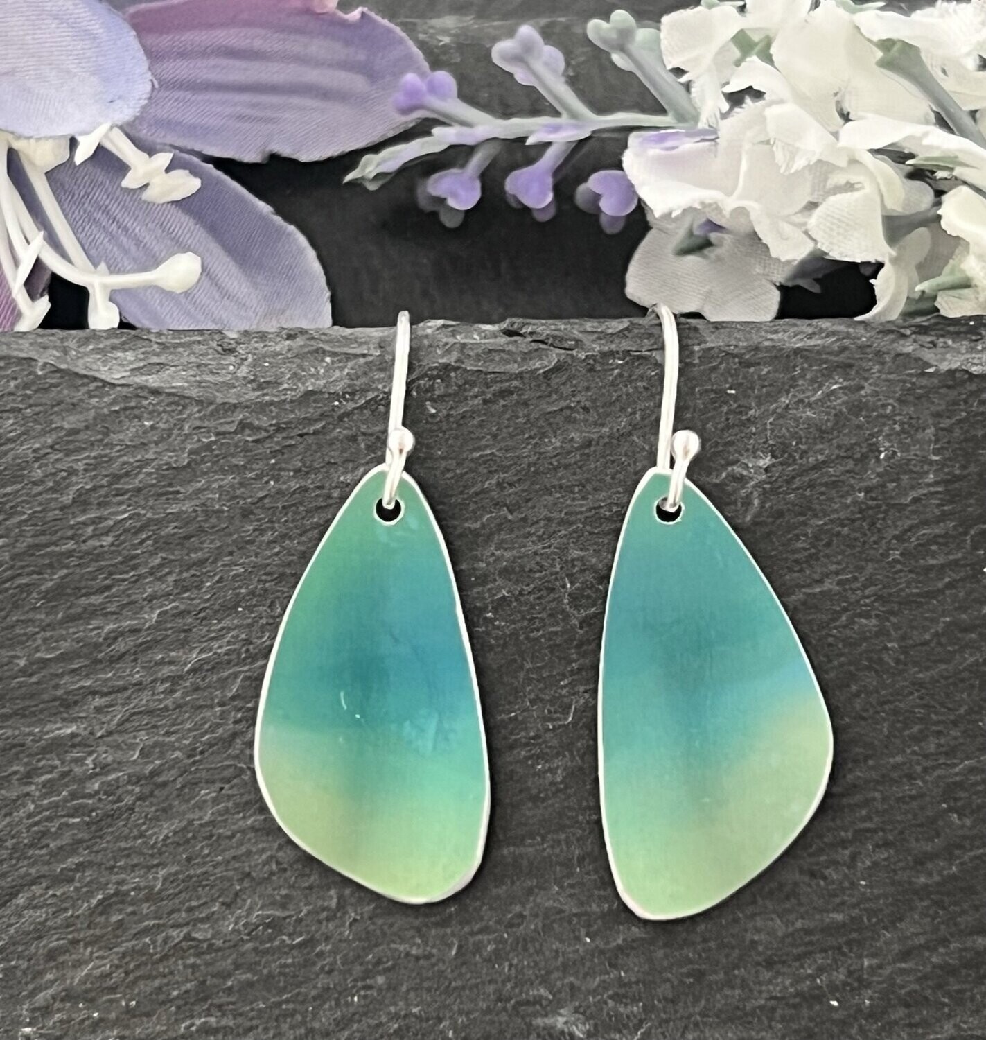 Printed Aluminium and sterling silver drop earrings -Blue and Lime Green Petals