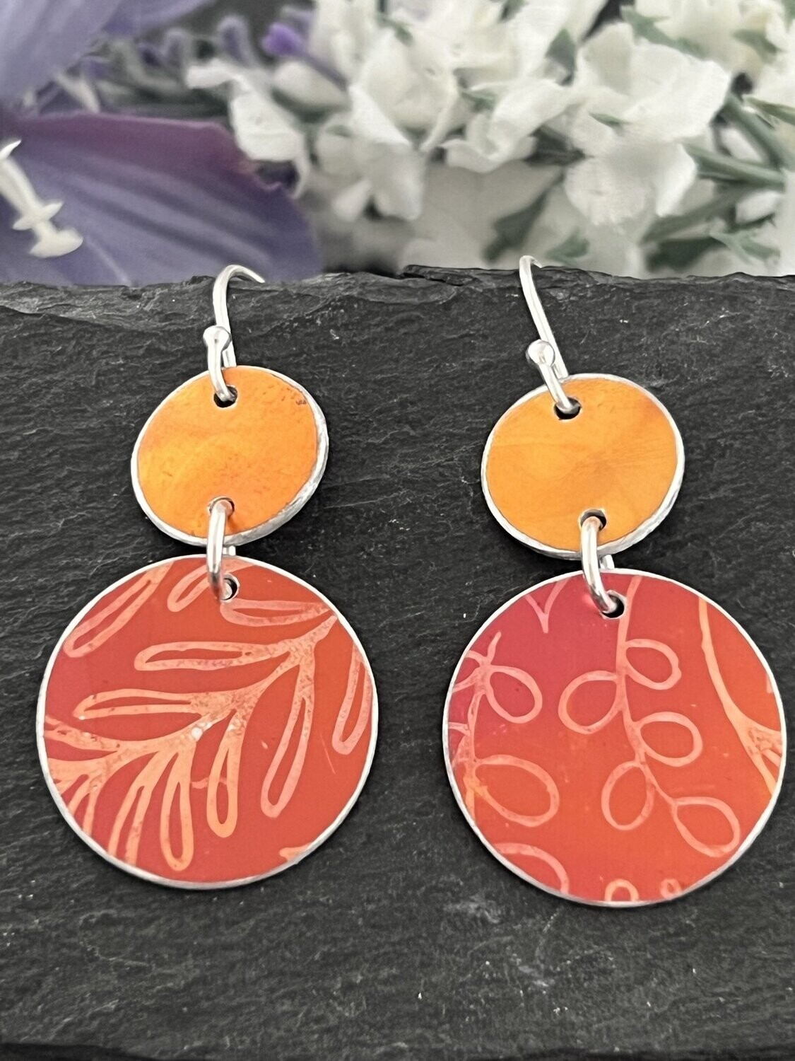 Printed Aluminium and sterling silver drop earrings - Orange Leaf Print