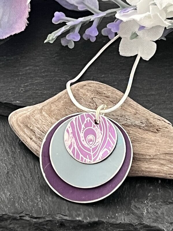 Hand Painted Aluminium  Pendant -  Purple Peacock Print and Grey