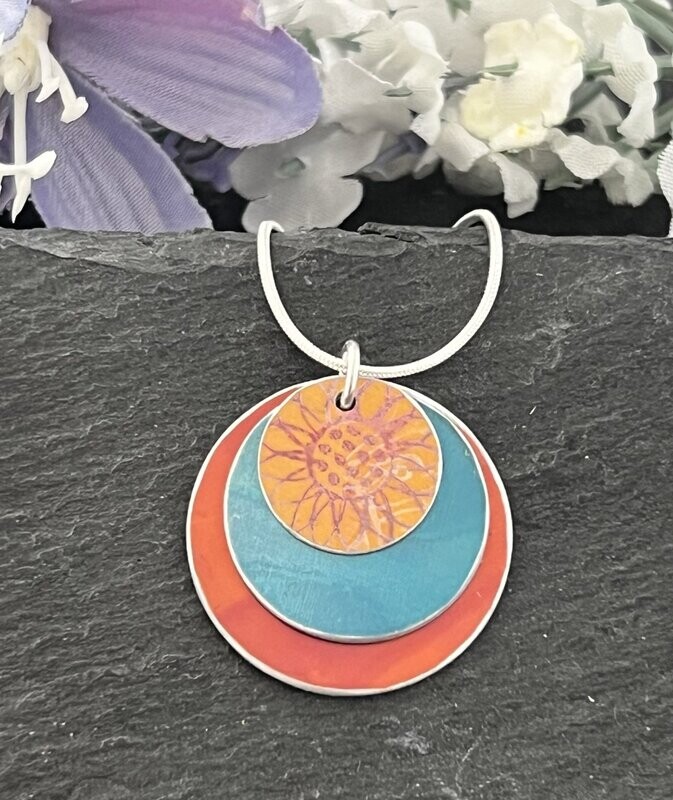 Hand Painted Aluminium  Pendant -  Orange and Teal Sunflower Print