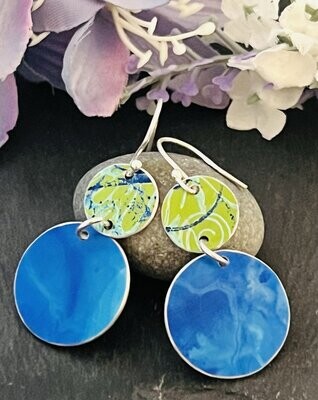 Printed Aluminium and sterling silver drop earrings - Lime and Blue Print