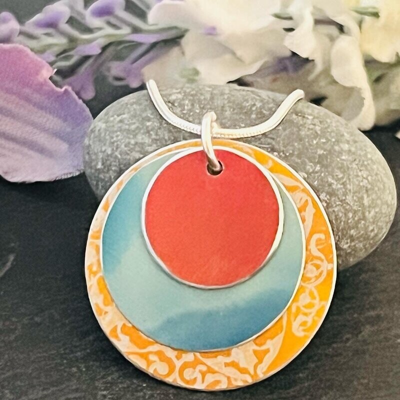 Hand Painted Aluminium  Pendant -  Orange Mandala Print and Grey/Duck egg