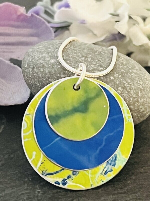 Hand Painted Aluminium  Pendant -  Lime Green and Blue Print