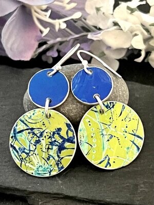 Printed Aluminium and sterling silver drop earrings - Lime and Blue Print