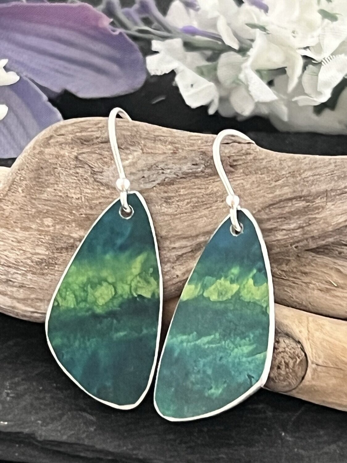 Printed Aluminium and sterling silver drop earrings -Blue and Lime Green Petals