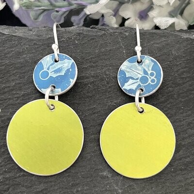Printed Aluminium and sterling silver drop earrings - Lime and Blue Holly Print