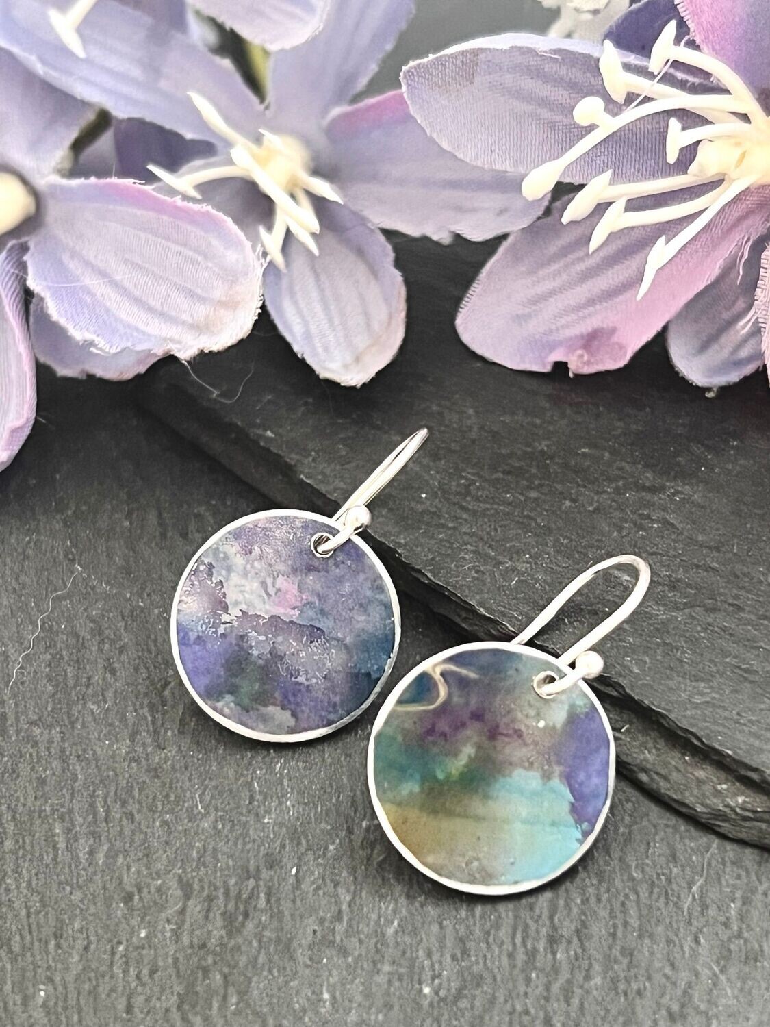 Printed Aluminium and sterling silver drop earrings - Inky Blue/purple