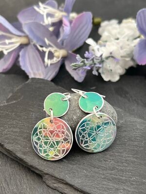 Printed Aluminium and sterling silver drop earrings - Green/rainbow with engraved sacred geometry symbol