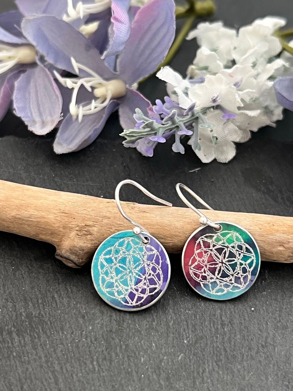Printed Aluminium and sterling silver drop earrings - Turquoise/rainbow with engraved sacred geometry symbol