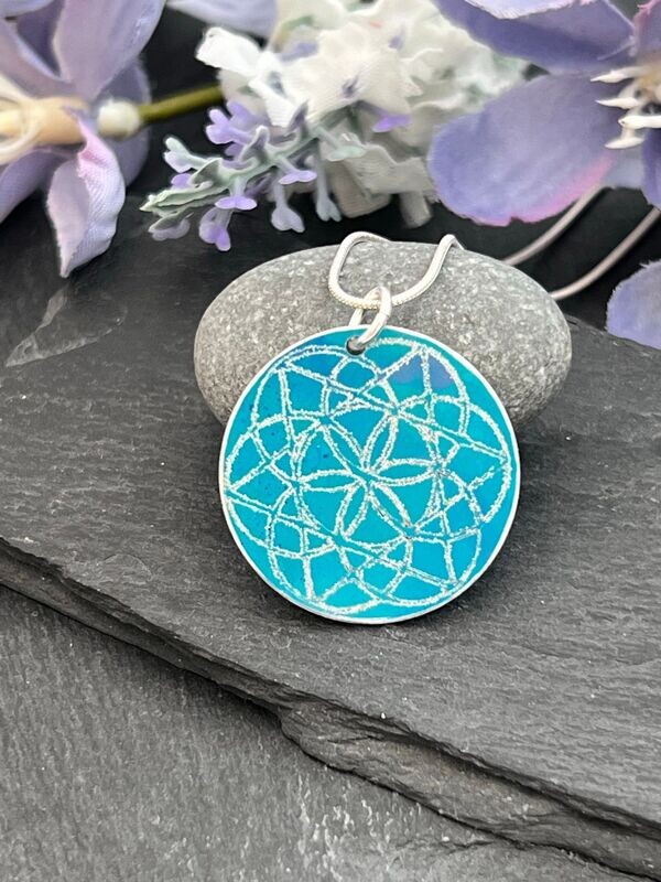 Hand Painted Aluminium  Pendant -Turquoise with engraved sacred geometry symbol