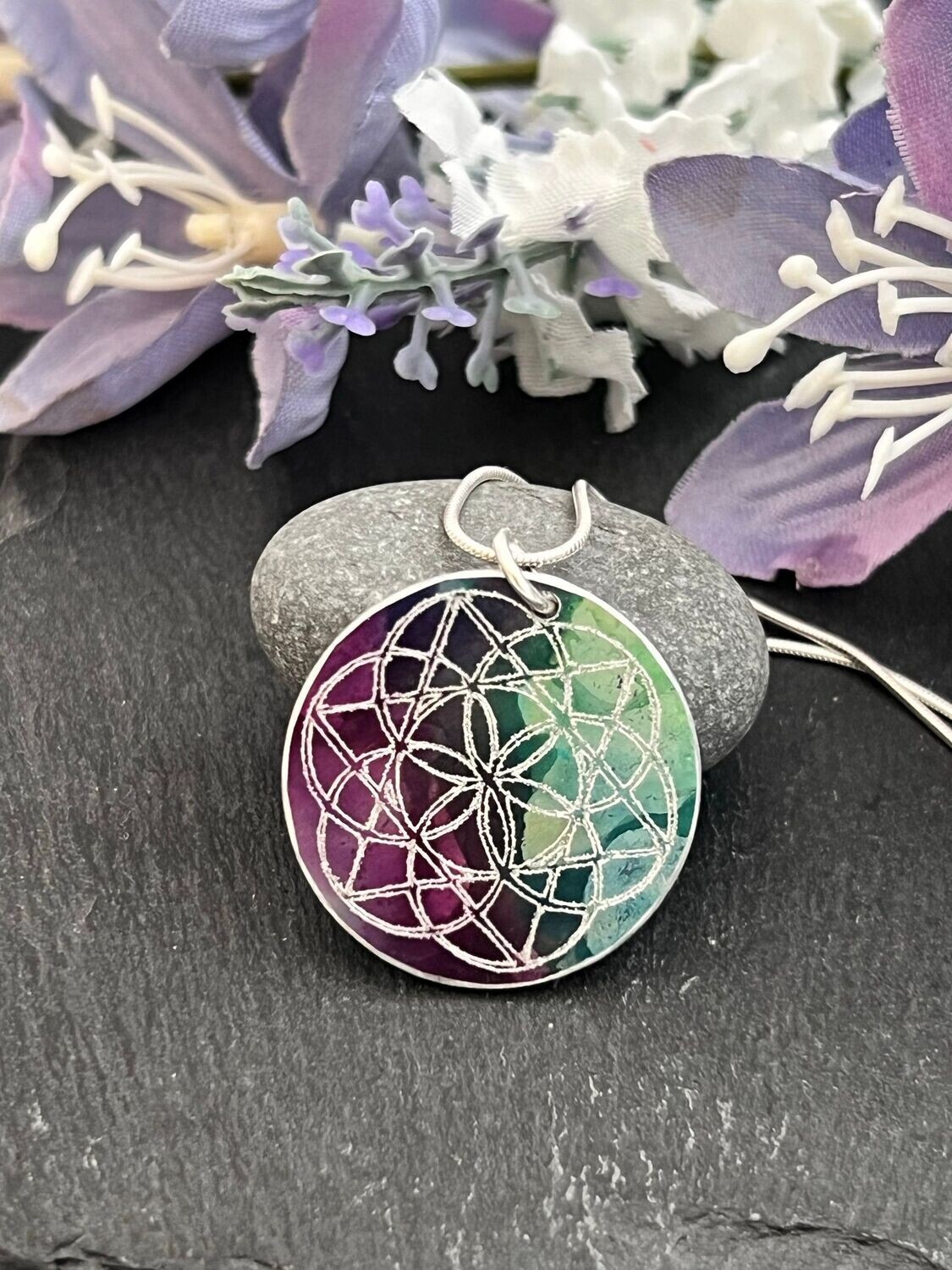 Hand Painted Aluminium Pendant - Green and Purple with engraved sacred geometry symbol
