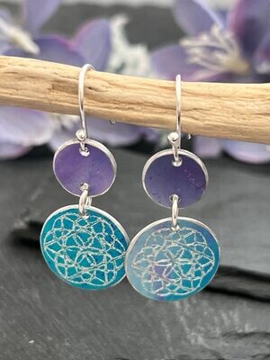Turquoise and Lilac Earrings with engraved sacred geometry symbol