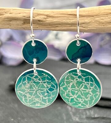 Green and Turquoise Engraved Aluminium Earrings