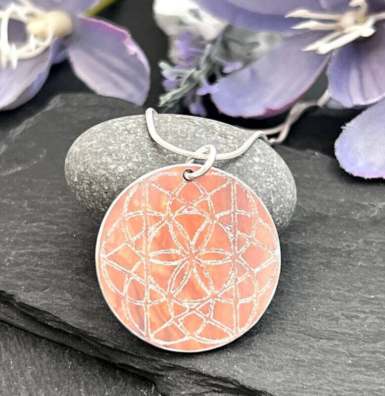 Hand Painted Aluminium  Pendant -Orange with engraved sacred geometry symbol