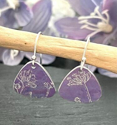 Printed Aluminium and sterling silver drop earrings - Lilac Engraved Triangle Drops