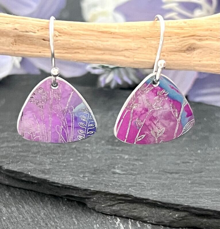Printed Aluminium and sterling silver drop earrings - Lilac/Blue/Pink Engraved Triangle Drops