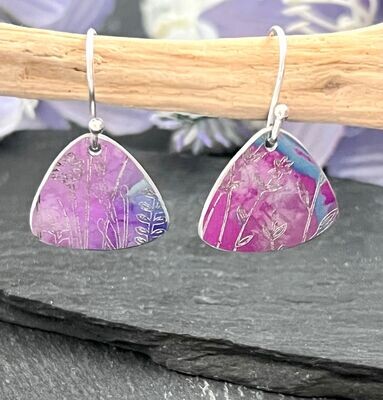 Printed Aluminium and sterling silver drop earrings - Lilac/Blue/Pink Engraved Triangle Drops