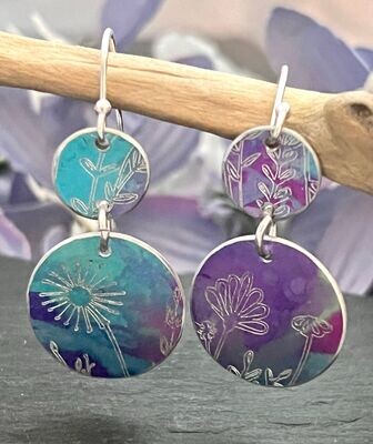 Botanical Engraved Aluminium Earrings - Lilac, Turquoise and Pink