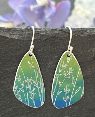 Engraved Petal Drop Earrings - Lime, Green and Turquoise