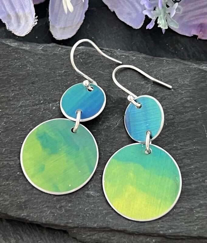 Printed Aluminium and sterling silver drop earrings - Blue and Green