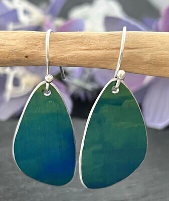 Printed Aluminium and sterling silver drop earrings -Blue and Apple Green Petals