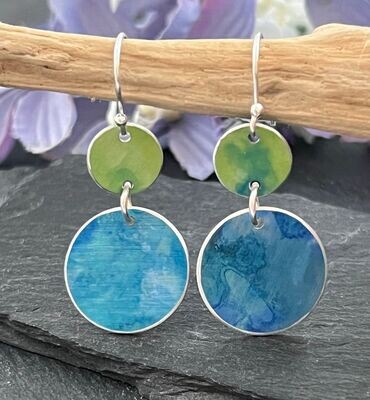 Printed Aluminium and sterling silver drop earrings - Blue and Green