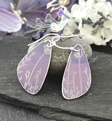 Engraved and Hand Painted Petal Drop Earrings - Soft Lilac