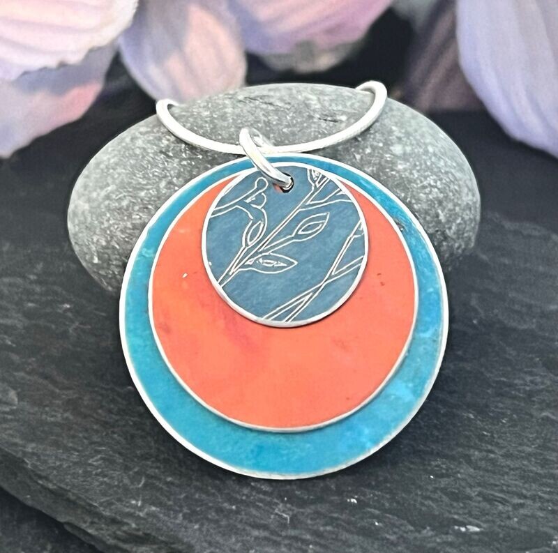 Engraved and Hand Painted Aluminium  Pendant-  Orange and Blue