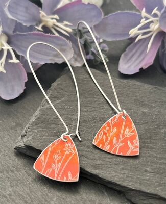 Printed Aluminium and sterling silver long drop earrings - Orange with engraved design